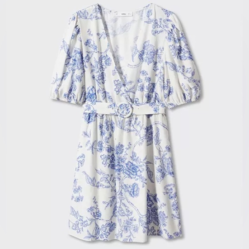 Mango Dress Size 6Women Blue White Striped Floral Knee Length Bubble Sleeve Belt